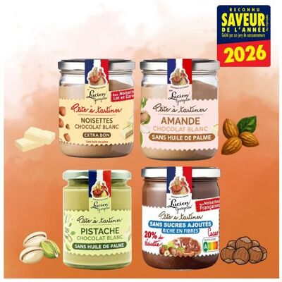Lucien Georgelin - Lot de 4 Pâtes à tartiner Sans huile de palme - Saveurs de lAnnée 2026 - Fabrication française - Publicité Lucien Georgelin - Lot de 4 Pâtes à tartiner Sans huile de palme - Saveurs de lAnnée 2026 - Fabrication française - Publicité