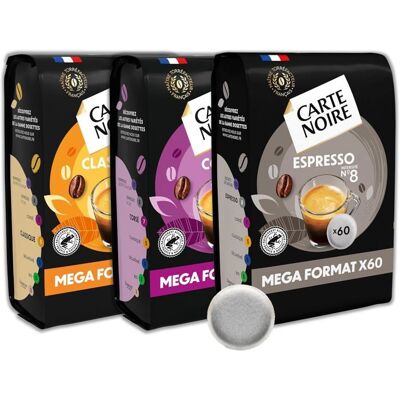 CARTE NOIRE – Café en Dosettes Souples Assortiment Classique N°5/Corsé N°7/Espresso N°8 - 3 Paquets de 60 Dosettes - Publicité CARTE NOIRE – Café en Dosettes Souples Assortiment Classique N°5/Corsé N°7/Espresso N°8 - 3 Paquets de 60 Dosettes - Publicité