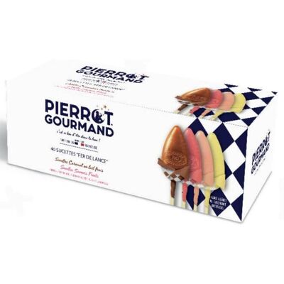 PIERROT GOURMAND Boîte de 40 sucettes au Caramel et aux Fruits - Publicité PIERROT GOURMAND Boîte de 40 sucettes au Caramel et aux Fruits - Publicité