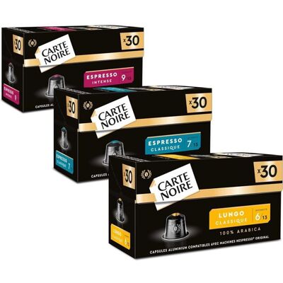 CARTE NOIRE Assortiment Capsules Café Compatibles Nespresso® - N°6 Lungo N°7 Classique N°9 Intense - Café Arabica - Lot de 3 x 30 Capsules A - Publicité CARTE NOIRE Assortiment Capsules Café Compatibles Nespresso® - N°6 Lungo N°7 Classique N°9 Intense - Café Arabica - Lot de 3 x 30 Capsules A - Publicité