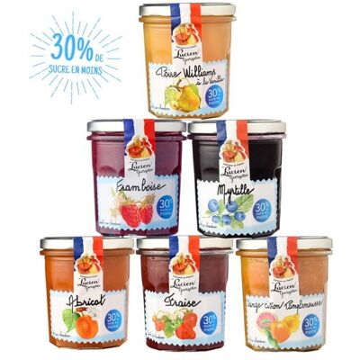 Lucien Georgelin - Lot de 6 pots de Confitures Gourmandes et légères 320g - 6 parfums - 30% de sucre en moins - Publicité Lucien Georgelin - Lot de 6 pots de Confitures Gourmandes et légères 320g - 6 parfums - 30% de sucre en moins - Publicité