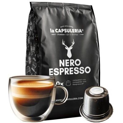 Café Nero Espresso 100 capsules compatibles Nespresso 10 boîtes de 10 goût intense - La Capsuleria - Publicité Café Nero Espresso 100 capsules compatibles Nespresso 10 boîtes de 10 goût intense - La Capsuleria - Publicité