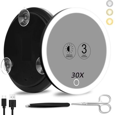 DUSSDOTE Miroir grossissant x30 de 15 2 cm avec ventouses forte luminosité batterie rechargeable 3 couleurs d’éclairage . Publicité DUSSDOTE Miroir grossissant x30 de 15 2 cm avec ventouses forte luminosité batterie rechargeable 3 couleurs d’éclairage . Publicité