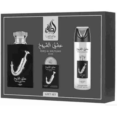 Coffret cadeau Ishq Al Shuyukh Silver (3 pièces) - Lattafa Pride - Publicité Coffret cadeau Ishq Al Shuyukh Silver (3 pièces) - Lattafa Pride - Publicité