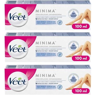 VEET Lot de 3 Crèmes Dépilatoire Minima - Douceur Longue Durée - Peaux Sensibles - 100ml - Publicité VEET Lot de 3 Crèmes Dépilatoire Minima - Douceur Longue Durée - Peaux Sensibles - 100ml - Publicité