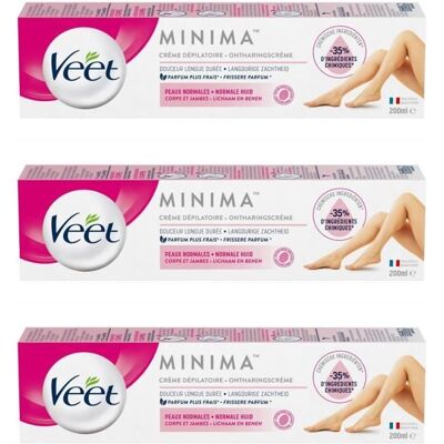 Veet Lot de 3 Crèmes Dépilatoire Minima - Douceur Longue Durée - Peaux Normales - 200ml - Publicité Veet Lot de 3 Crèmes Dépilatoire Minima - Douceur Longue Durée - Peaux Normales - 200ml - Publicité