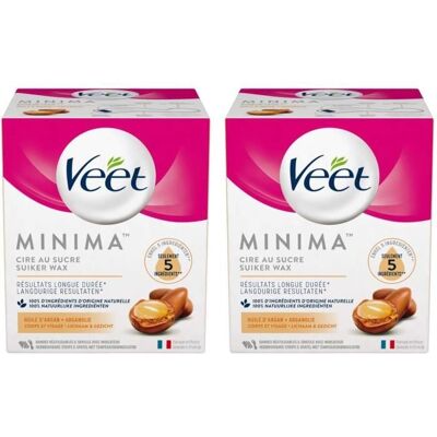 Veet Lot de 2 Cires au Sucre Minima - Douceur Longue Durée - Corps et Visage - Argan - Publicité Veet Lot de 2 Cires au Sucre Minima - Douceur Longue Durée - Corps et Visage - Argan - Publicité