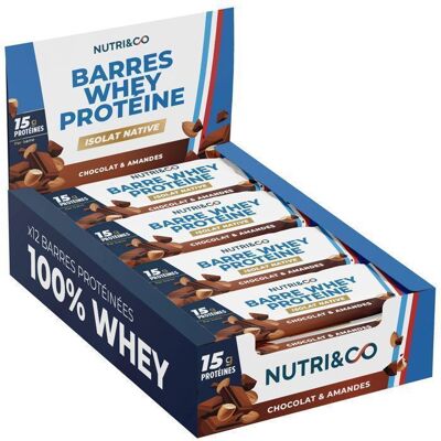 Barres Protéinées Whey - 15g de Protéines - Musculation - Sans Huile de Palme – Goût Chocolat & Amandes - 12 barres - Nutri&Co - Publicité Barres Protéinées Whey - 15g de Protéines - Musculation - Sans Huile de Palme – Goût Chocolat & Amandes - 12 barres - Nutri&Co - Publicité