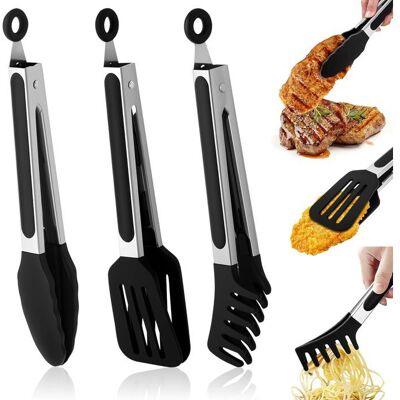 Lot de 3 pince cuisinepince barbecue inox et silicone résistant à la chaleur pince de cuisine pour barbecue saladebuffet Noir - Publicité Lot de 3 pince cuisinepince barbecue inox et silicone résistant à la chaleur pince de cuisine pour barbecue saladebuffet Noir - Publicité
