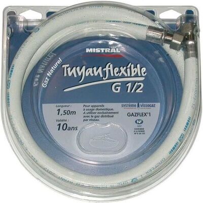 Tuyau gaz ville à visser - MISTRAL - 1 m - Norme XPD 36.103 - Garantie 10 ans Blanc - Publicité Tuyau gaz ville à visser - MISTRAL - 1 m - Norme XPD 36.103 - Garantie 10 ans Blanc - Publicité