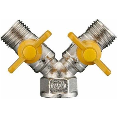 Raccord laiton 1/2 avec inverseur gaz - LON® - Double sortie 90° - Vanne à bille nickelée pour eau et gaz - Publicité Raccord laiton 1/2 avec inverseur gaz - LON® - Double sortie 90° - Vanne à bille nickelée pour eau et gaz - Publicité