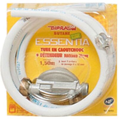 DIPRA - Tuyau en caoutchouc 1m50 + détendeur à sécurité butane + 2 colliers de serrage Butane - Certifié NF Blanc - Publicité DIPRA - Tuyau en caoutchouc 1m50 + détendeur à sécurité butane + 2 colliers de serrage Butane - Certifié NF Blanc - Publicité