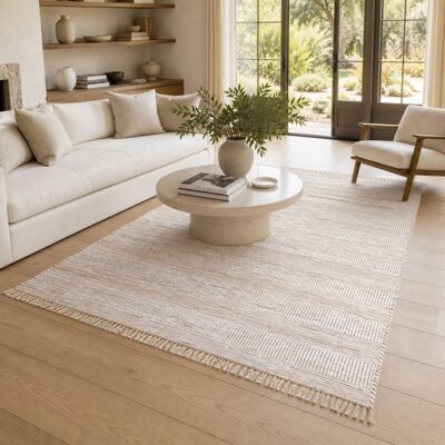 Tapis - THE DECO FACTORY - TOFOU_BLANC NATUREL - Rectangulaire 60x110 cm - Jute & coton recyclé - Franges rayé noir/beige Blanc - Publicité Tapis - THE DECO FACTORY - TOFOU_BLANC NATUREL - Rectangulaire 60x110 cm - Jute & coton recyclé - Franges rayé noir/beige Blanc - Publicité