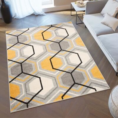 TAPISO Tapis Salon Poils Ras LAZUR Jaune Gris Noir Hexagone Polypropylène Intérieur 240x330 cm - Publicité TAPISO Tapis Salon Poils Ras LAZUR Jaune Gris Noir Hexagone Polypropylène Intérieur 240x330 cm - Publicité