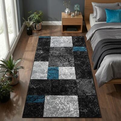 Carpetsale24 Tapis de salon Bleu - Noir 80x150 cm motif à carreaux chiné tapis à poils courts tapis sculpté à la main Bleu - Publicité Carpetsale24 Tapis de salon Bleu - Noir 80x150 cm motif à carreaux chiné tapis à poils courts tapis sculpté à la main Bleu - Publicité