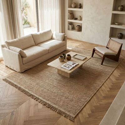 THE DECO FACTORY Tapis en jute naturel artisanal beige avec franges 160x230 - style bohème Beige - Publicité THE DECO FACTORY Tapis en jute naturel artisanal beige avec franges 160x230 - style bohème Beige - Publicité