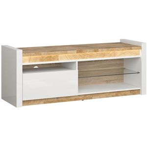 PEGANE Meuble TV avec tiroir et étagère avec éclairage LED coloris Blanc brillant/Chêne clair Blanc - Publicité PEGANE Meuble TV avec tiroir et étagère avec éclairage LED coloris Blanc brillant/Chêne clair Blanc - Publicité