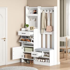 DESVIAE Meuble dentrée -Vestiaire 110x35x1755 cm avec banc à chaussures rembourré 2 tiroirs 7 crochetspanneau perforé blanc Blanc - Publicité DESVIAE Meuble dentrée -Vestiaire 110x35x1755 cm avec banc à chaussures rembourré 2 tiroirs 7 crochetspanneau perforé blanc Blanc - Publicité