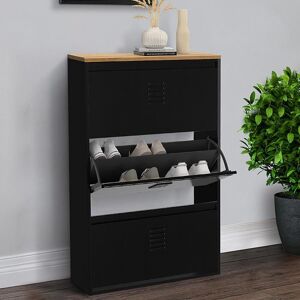 IDMARKET Meuble à chaussures 18 paires maxi capacité ESTER 3 portes métal noir et plateau façon hêtre design industriel Noir - Publicité IDMARKET Meuble à chaussures 18 paires maxi capacité ESTER 3 portes métal noir et plateau façon hêtre design industriel Noir - Publicité