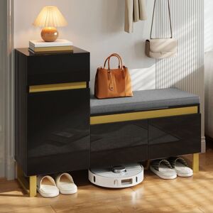 Meuble à chaussures - MODERNLUXE - 120x35x85 cm - 1 tiroir - 3 portes - Banc rembourré - Noir - MDF Noir - Publicité Meuble à chaussures - MODERNLUXE - 120x35x85 cm - 1 tiroir - 3 portes - Banc rembourré - Noir - MDF Noir - Publicité