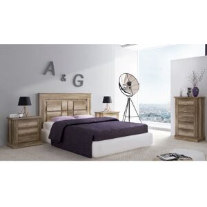 PEGANE Ensemble de tête de lit avec pieds + 2 tables de chevet + chiffonnier coloris chêne vieilli Beige - Publicité PEGANE Ensemble de tête de lit avec pieds + 2 tables de chevet + chiffonnier coloris chêne vieilli Beige - Publicité