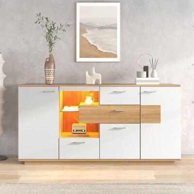 LEMONBEST Buffet Moderne LED 160x40x77 cm avec Éclairage RGB 16 Couleurs 2 Portes et 4 Tiroirs Étagères Réglables - Bois Effet Blanc Blanc - Publicité LEMONBEST Buffet Moderne LED 160x40x77 cm avec Éclairage RGB 16 Couleurs 2 Portes et 4 Tiroirs Étagères Réglables - Bois Effet Blanc Blanc - Publicité