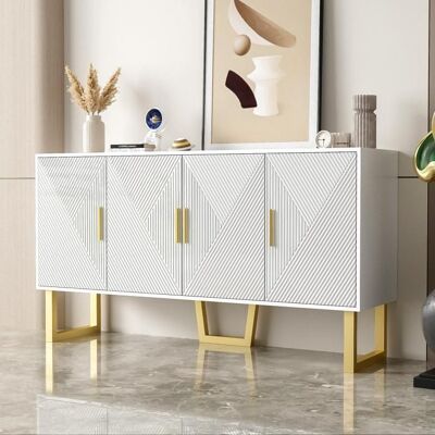 MERAX Buffet Bas 150 cm Blanc Laqué avec 4 Portes Texturées et Poignées Dorées Bahut Moderne Luxe avec Étagères Réglables Blanc - Publicité MERAX Buffet Bas 150 cm Blanc Laqué avec 4 Portes Texturées et Poignées Dorées Bahut Moderne Luxe avec Étagères Réglables Blanc - Publicité