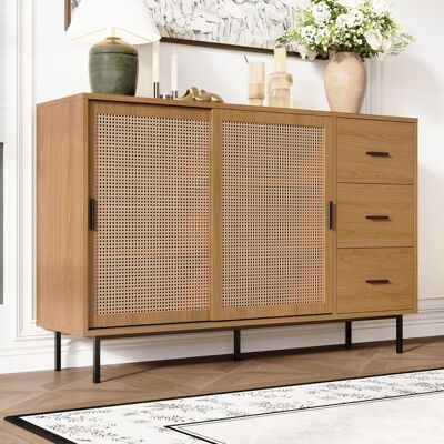 LEMLIT Buffet en Bois 140 cm Meuble Rangement avec 2 Portes Coulissantes en Rotin Cannage 3 Tiroirs Étagères Réglables - Bois Naturel Marron - Publicité LEMLIT Buffet en Bois 140 cm Meuble Rangement avec 2 Portes Coulissantes en Rotin Cannage 3 Tiroirs Étagères Réglables - Bois Naturel Marron - Publicité