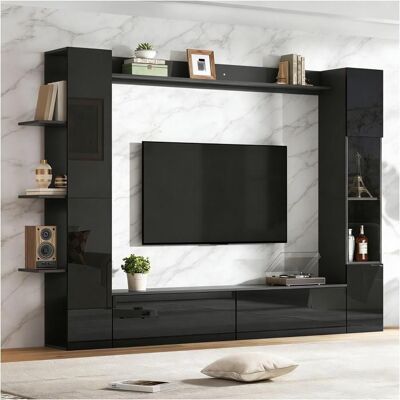 MERAX Ensemble Meuble TV 228 x 30 x 170 cm avec Étagères Colonne de Rangement Vitré - Surface Noir Haute Brillance Noir - Publicité MERAX Ensemble Meuble TV 228 x 30 x 170 cm avec Étagères Colonne de Rangement Vitré - Surface Noir Haute Brillance Noir - Publicité