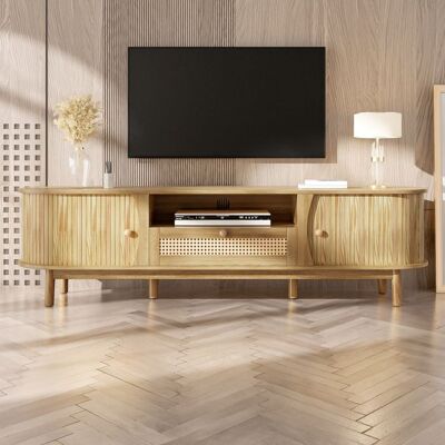 OEM Meuble TV en Rotin avec Portes en Bois Massif Portes Coulissantes Grand espace de rangement 165x37x46cm Naturel Marron - Publicité OEM Meuble TV en Rotin avec Portes en Bois Massif Portes Coulissantes Grand espace de rangement 165x37x46cm Naturel Marron - Publicité