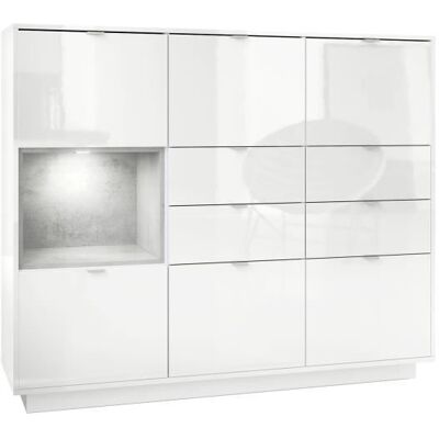 Vladon Buffet haut Armoire Metro V2 en Blanc haute brillance façades en Blanc haute brillance avec une insertion en Aspect Béton Gris - Publicité Vladon Buffet haut Armoire Metro V2 en Blanc haute brillance façades en Blanc haute brillance avec une insertion en Aspect Béton Gris - Publicité
