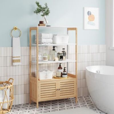 Meuble de Salle de Bain en Bambou - SONGMICS - 3 étagères et 1 Placard à 2 Portes - Couleur Boisée et Blanc Marron - Publicité Meuble de Salle de Bain en Bambou - SONGMICS - 3 étagères et 1 Placard à 2 Portes - Couleur Boisée et Blanc Marron - Publicité