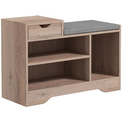 Banc à chaussures - HOMCOM - 1 tiroir et 3 compartiments - avec coussin rembourrée - pour couloir entrée chambre - gris effet bois Gris - Publicité Banc à chaussures - HOMCOM - 1 tiroir et 3 compartiments - avec coussin rembourrée - pour couloir entrée chambre - gris effet bois Gris - Publicité