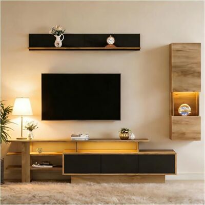 Meuble TV 3 pièces - LEMONBEST - Ensemble 180x40x45 + vitrine + étagère - LED intégrée - MDF - Noir & Naturel Noir - Publicité Meuble TV 3 pièces - LEMONBEST - Ensemble 180x40x45 + vitrine + étagère - LED intégrée - MDF - Noir & Naturel Noir - Publicité