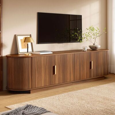 BGSRYAO Meuble TV de style rétro couleur noyer meuble bas finition bois poignées métalliques 4 portes espace de rangement spacieux - Publicité BGSRYAO Meuble TV de style rétro couleur noyer meuble bas finition bois poignées métalliques 4 portes espace de rangement spacieux - Publicité