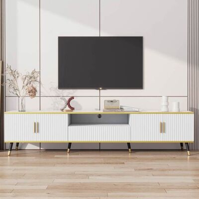 LEMONBEST Meuble TV blanc moderne 200 x 40 x 46 cm Meuble tv bas 4 portes et 1 tiroir et Compartiments de rangement ouverts Meubles de salon Blanc - Publicité LEMONBEST Meuble TV blanc moderne 200 x 40 x 46 cm Meuble tv bas 4 portes et 1 tiroir et Compartiments de rangement ouverts Meubles de salon Blanc - Publicité