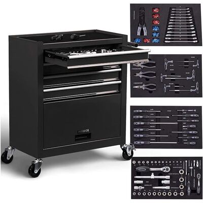 AREBOS Chariot datelier avec 4 Compartiments 4 tiroirs à roulement à Billes avec 81 pièces doutils 2 roulettes avec Frein Noir Noir - Publicité AREBOS Chariot datelier avec 4 Compartiments 4 tiroirs à roulement à Billes avec 81 pièces doutils 2 roulettes avec Frein Noir Noir - Publicité