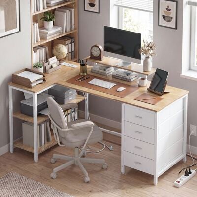 VASAGLE Bureau Étagères Réglables 4 Tiroirs Ports USB en L 140 x 80 cm Couleur Chêne Beige - Publicité VASAGLE Bureau Étagères Réglables 4 Tiroirs Ports USB en L 140 x 80 cm Couleur Chêne Beige - Publicité