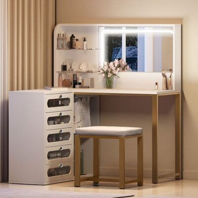 Coiffeuse dAngle L - Miroir LED - 5 Tiroirs - Blanc et Or - Design Contemporain Blanc - Publicité Coiffeuse dAngle L - Miroir LED - 5 Tiroirs - Blanc et Or - Design Contemporain Blanc - Publicité