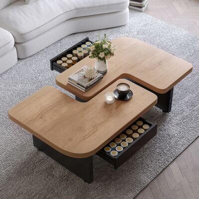 LEMLIT Table Basse Moderne en Bois - Design 2 en 1 Modulable - Éclairage LED 2 Tiroirs de Rangement - Coins Arrondis - Naturel et Noir Marron - Publicité LEMLIT Table Basse Moderne en Bois - Design 2 en 1 Modulable - Éclairage LED 2 Tiroirs de Rangement - Coins Arrondis - Naturel et Noir Marron - Publicité