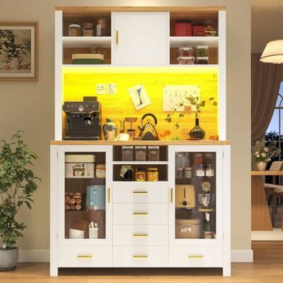 MERAX Buffet Haut de Cuisine Multifonction avec LED - Tiroirs et 4 Portes - Meuble Blanc en Bois - Style Campagne - 120x40x188 cm Blanc - Publicité MERAX Buffet Haut de Cuisine Multifonction avec LED - Tiroirs et 4 Portes - Meuble Blanc en Bois - Style Campagne - 120x40x188 cm Blanc - Publicité
