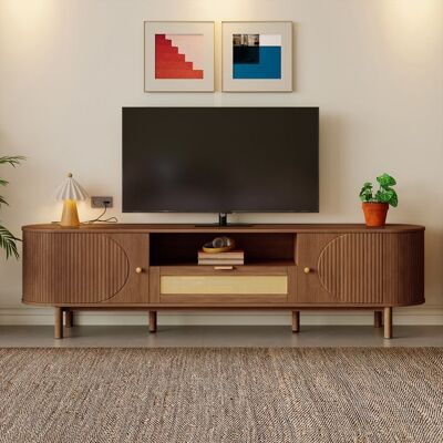LEMONBEST Meuble TV en Bois Moderne 175 cm Meuble Télé Salon avec Tiroirs de Rangement Rotin Portes Semi-Rondes Étagère Ouverte - Effet Bois Marron - Publicité LEMONBEST Meuble TV en Bois Moderne 175 cm Meuble Télé Salon avec Tiroirs de Rangement Rotin Portes Semi-Rondes Étagère Ouverte - Effet Bois Marron - Publicité
