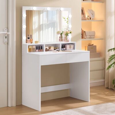 VASAGLE Coiffeuse avec miroir 9 ampoules LED 2 tiroirs et 3 compartiments de rangement style moderne blanc SANS TABOURET Blanc - Publicité VASAGLE Coiffeuse avec miroir 9 ampoules LED 2 tiroirs et 3 compartiments de rangement style moderne blanc SANS TABOURET Blanc - Publicité