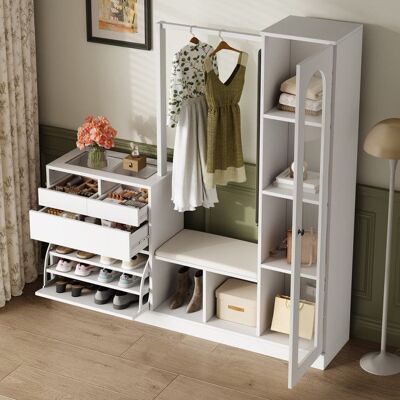 Generic Vestiaire dentrée avec banc à chaussures et éclairage LED Meuble a chaussures avec penderie Meuble entree 6 en 1 163x35x161 cm Blanc - Publicité Generic Vestiaire dentrée avec banc à chaussures et éclairage LED Meuble a chaussures avec penderie Meuble entree 6 en 1 163x35x161 cm Blanc - Publicité