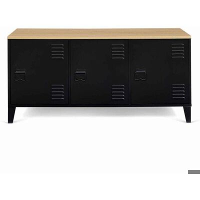 SANS MARQUE Buffet Industriel 3 Portes Métal Noir + Rangement + Plateau Bois 113 cm Salon Esthétique Factory Épuré Noir - Publicité SANS MARQUE Buffet Industriel 3 Portes Métal Noir + Rangement + Plateau Bois 113 cm Salon Esthétique Factory Épuré Noir - Publicité