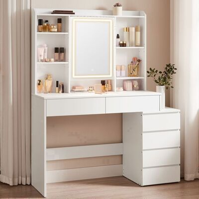 VASAGLE Coiffeuse Grand Miroir LED à Luminosité Réglable L-100cm Compartiments Ouverts Étagères Réglables Blanc Blanc - Publicité VASAGLE Coiffeuse Grand Miroir LED à Luminosité Réglable L-100cm Compartiments Ouverts Étagères Réglables Blanc Blanc - Publicité