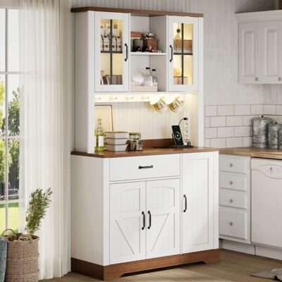 MERAX Buffet de Cuisine Blanc - avec Vitrines Plan de Travail Tiroir Placards et Étagères Réglables - Blanc et Bois Blanc - Publicité MERAX Buffet de Cuisine Blanc - avec Vitrines Plan de Travail Tiroir Placards et Étagères Réglables - Blanc et Bois Blanc - Publicité