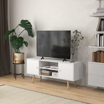 Generic Meuble TV style scandinave 2 portes 2 niches passe-fils piètement bois pin panneaux blanc - 120 x 34 x 50 cm blanc Blanc - Publicité Generic Meuble TV style scandinave 2 portes 2 niches passe-fils piètement bois pin panneaux blanc - 120 x 34 x 50 cm blanc Blanc - Publicité