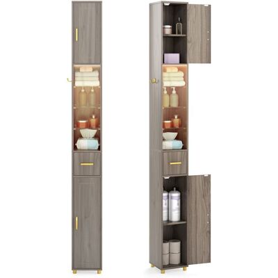 COSTWAY Meuble Colonne de Salle de Bain - LED 3 Couleurs 2 Placards à Porte 1 Tiroir 3 Étagères en Verre Trempé Réglables Gris Gris - Publicité COSTWAY Meuble Colonne de Salle de Bain - LED 3 Couleurs 2 Placards à Porte 1 Tiroir 3 Étagères en Verre Trempé Réglables Gris Gris - Publicité