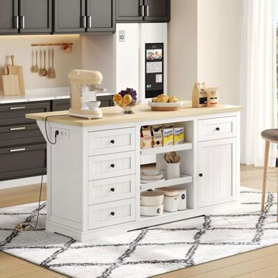 MERAX Buffet de Cuisine - Meuble de Rangement - Blanc et Bois - Îlot de Cuisine Central avec Tiroirs Étagères Ouvertes 150×65×75 cm Blanc - Publicité MERAX Buffet de Cuisine - Meuble de Rangement - Blanc et Bois - Îlot de Cuisine Central avec Tiroirs Étagères Ouvertes 150×65×75 cm Blanc - Publicité